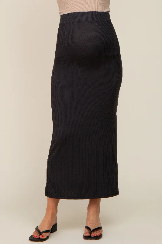 Black Ribbed Side Slit Maternity Midi Skirt