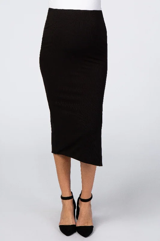 Black Ribbed Side Slit Maternity Midi Skirt