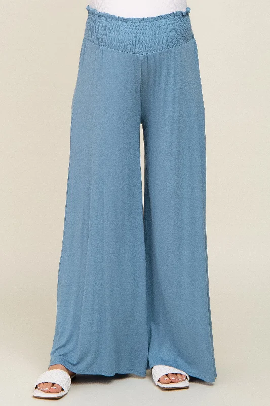 Blue Smocked Waist Flowy Maternity Pants