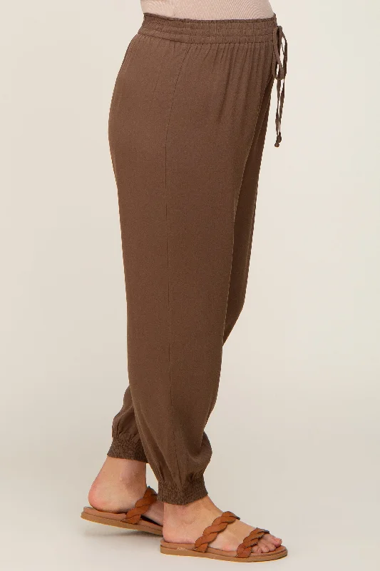 Brown Drawstring Accent Maternity Joggers