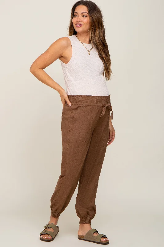 Brown Smocked Maternity Joggers