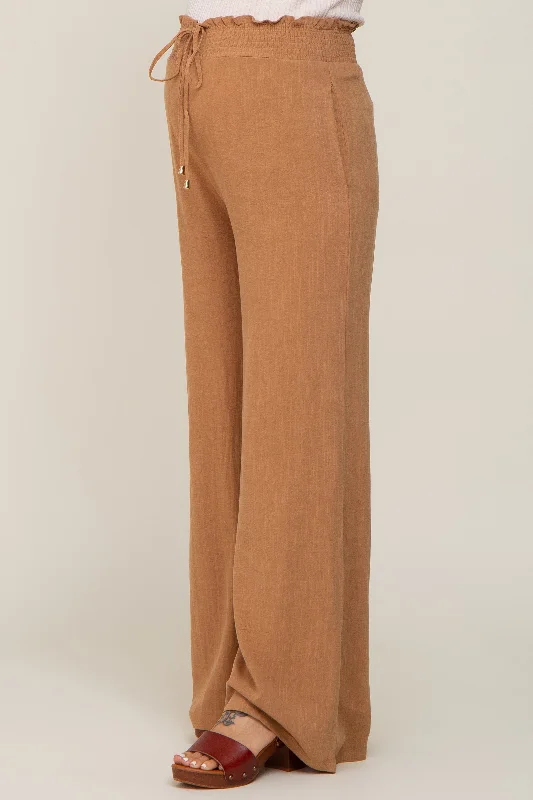 Camel Smocked Waist Wide Leg Linen Maternity Pants