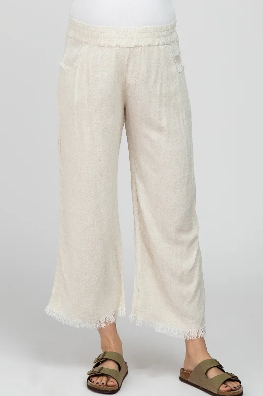 Cream Linen Frayed Hem Crop Maternity Pants