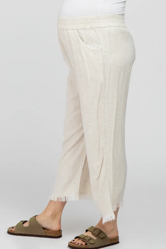 Cream Linen Frayed Hem Crop Maternity Pants