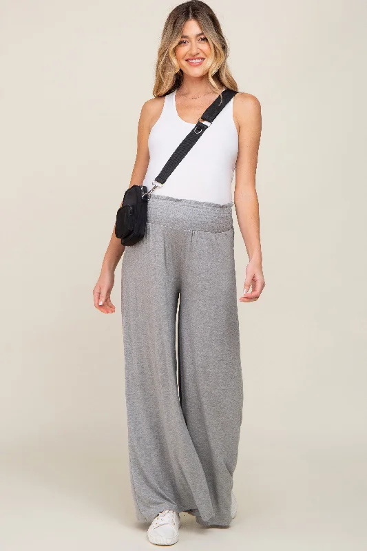 Grey Smocked Waist Flowy Maternity Pants