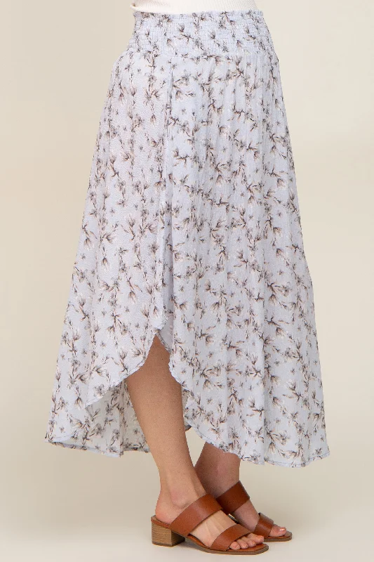 Light Blue Floral Smocked Maternity Midi Skirt