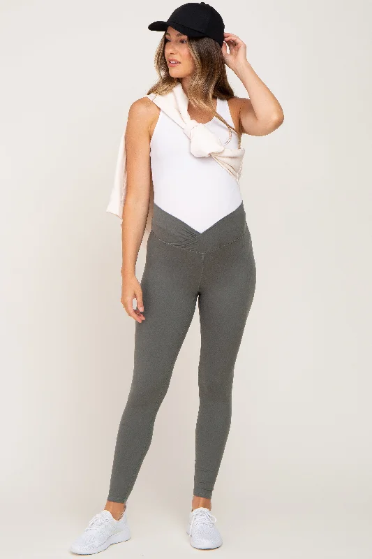 Light Olive Crossover Waist Maternity Leggings