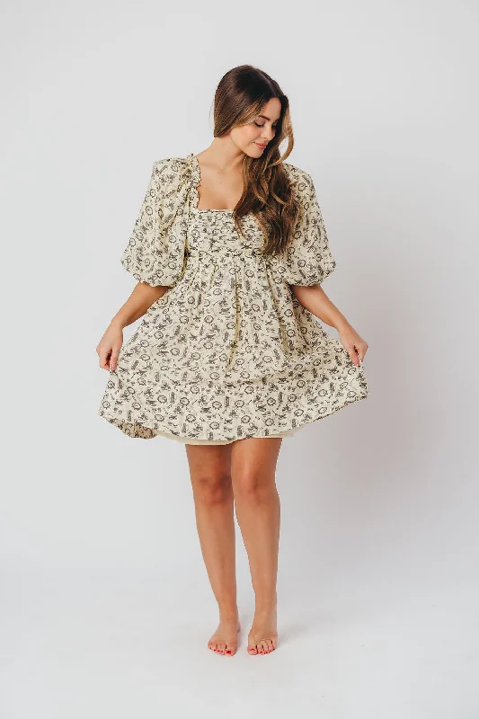 Melody Mini Dress with Pleats and Bow Detail in Ivory Vintage Tea