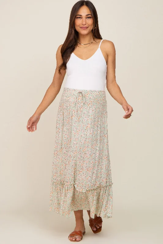 Mint Floral Button Ruffle Maternity Maxi Skirt