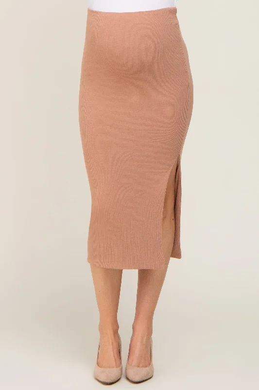 Mocha Ribbed Side Slit Maternity Midi Skirt