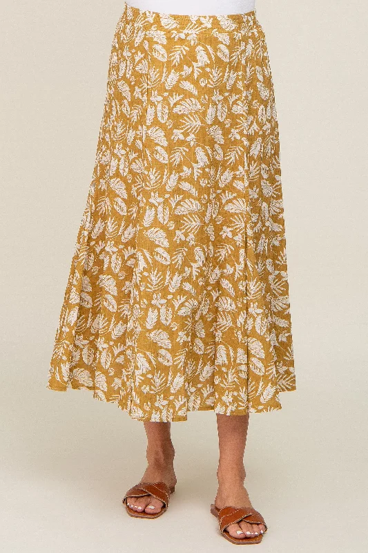 Mustard Floral Pleated Maternity Midi Skirt