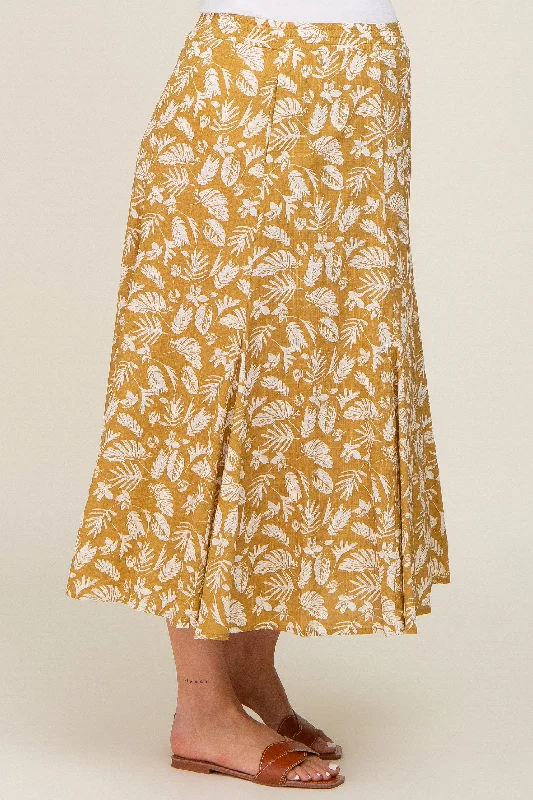 Mustard Floral Pleated Maternity Midi Skirt