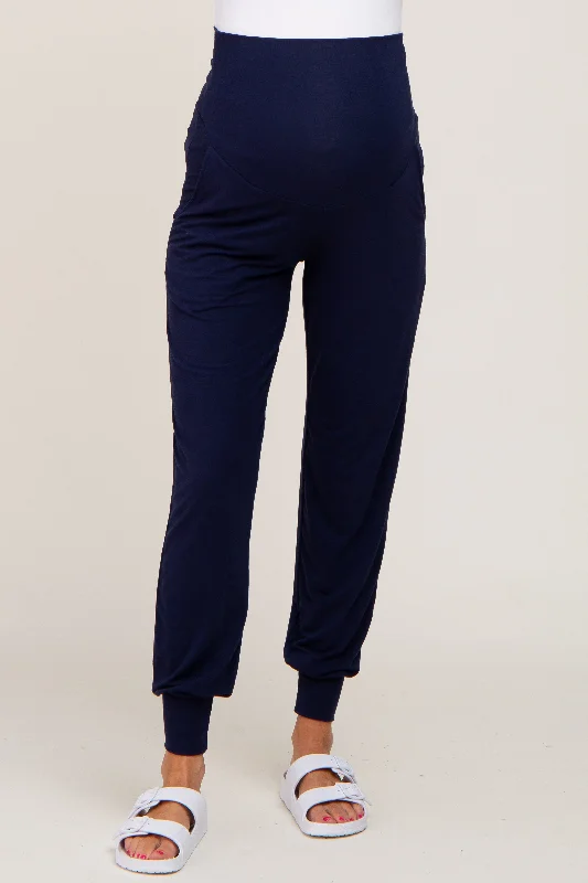 Navy Blue Maternity Band Jogger Pants