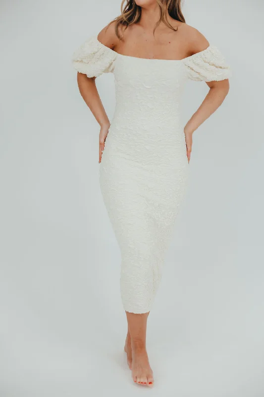 Blakeley Textured Midi Dress in Ivory - Bump Friendly & Inclusive Sizing (S-3XL)