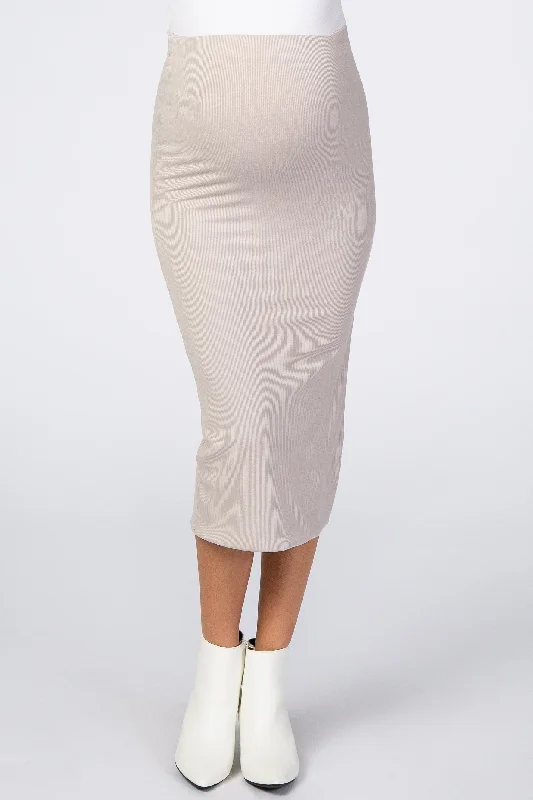 Taupe Ribbed Side Slit Maternity Midi Skirt