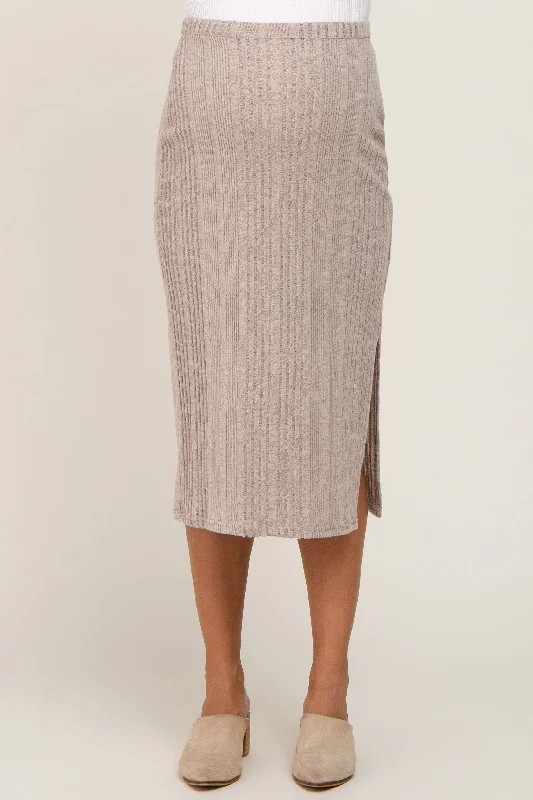 Taupe Soft Knit Ribbed Side Slit Maternity Midi Skirt