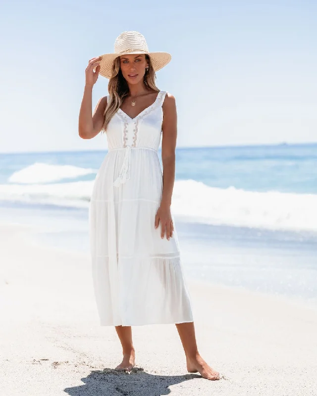 V Neck Embroidered White Midi Dress - FINAL SALE