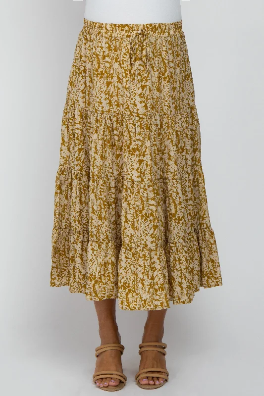 Yellow Leaf Print Tiered Maternity Midi Skirt