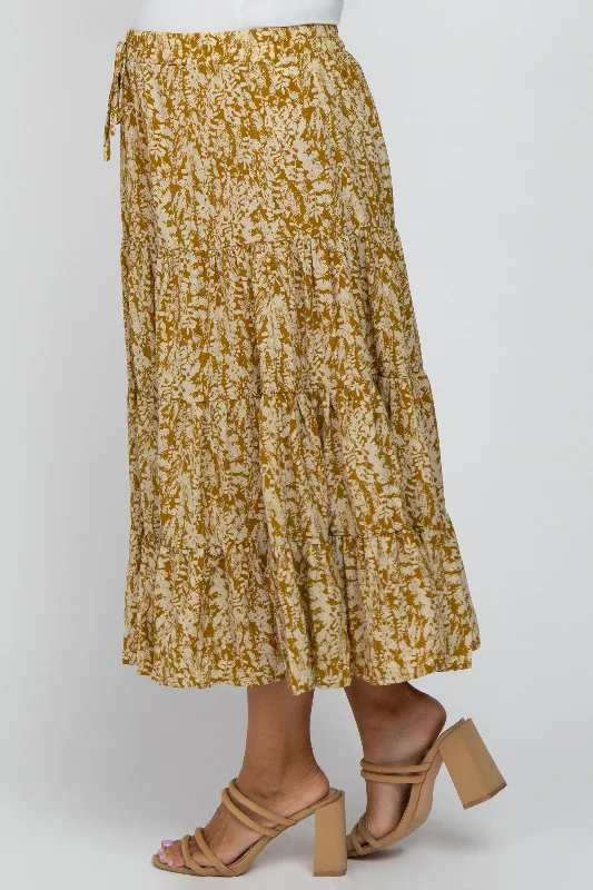 Yellow Leaf Print Tiered Maternity Midi Skirt