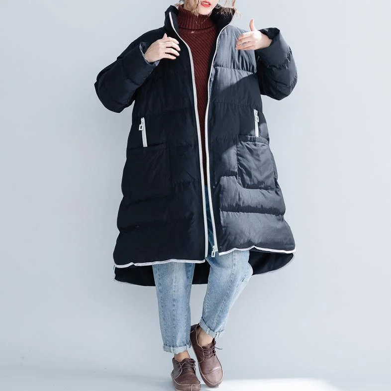 2018 black cotton jacket trendy plus size stand collar zippered Warm pockets thick winter cotton coats