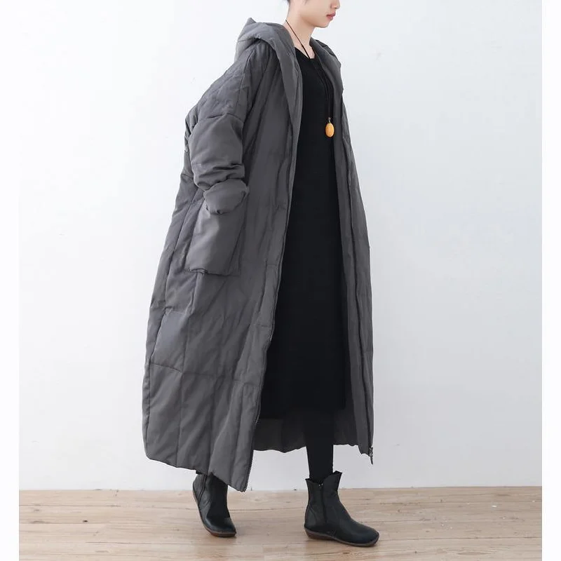 2018 black down overcoat oversized hooded zippered down overcoat Warm pockets baggy coats