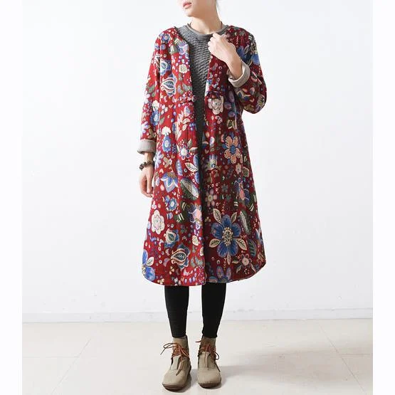 2018 red print women Loose fitting o neck vintage Casual Chinese Button overcoat