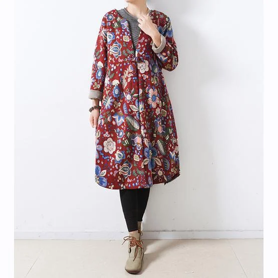 2018 red print women Loose fitting o neck vintage Casual Chinese Button overcoat