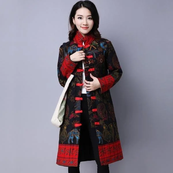 Anteef Plus Size Cotton Linen Vintage Floral Clothes Casual Long Loose Autumn Winter Jacket