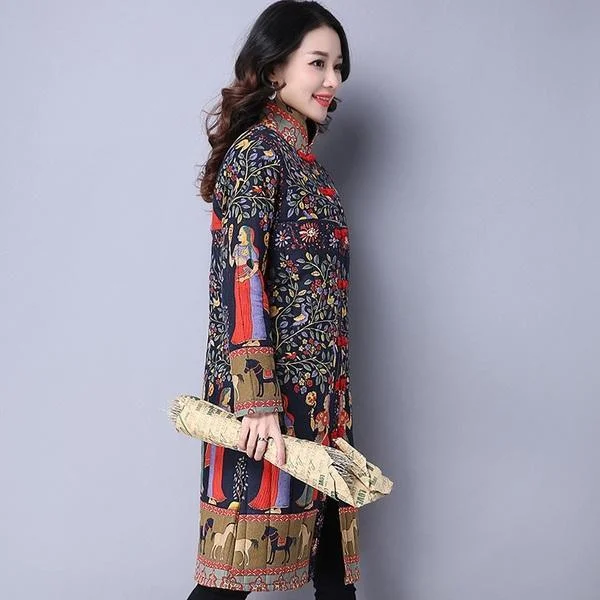 Anteef Plus Size Cotton Linen Vintage Floral Clothes Casual Long Loose Autumn Winter Jacket