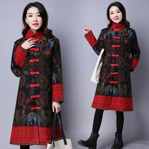 Anteef Plus Size Cotton Linen Vintage Floral Clothes Casual Long Loose Autumn Winter Jacket