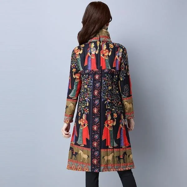 Anteef Plus Size Cotton Linen Vintage Floral Clothes Casual Long Loose Autumn Winter Jacket