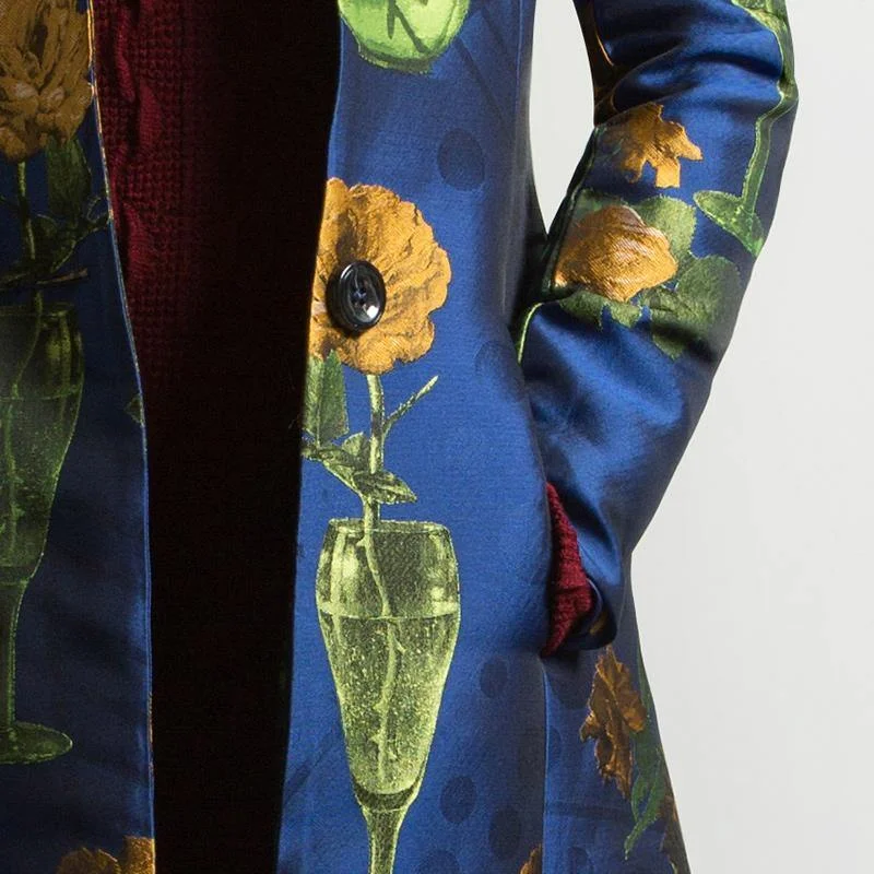 autumn winter cotton blended long coats blue floral thick large hem maxi trench coat