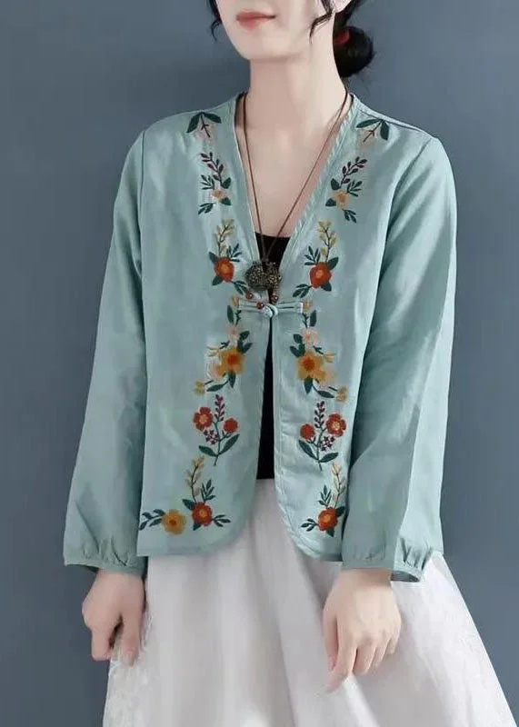 Beautiful Carmine Embroidered Button Patchwork Linen Coats Summer