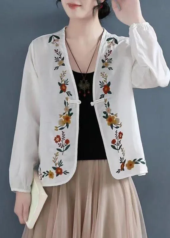 Beautiful Carmine Embroidered Button Patchwork Linen Coats Summer