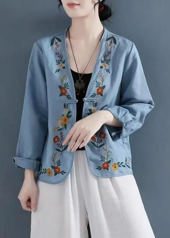 Beautiful Carmine Embroidered Button Patchwork Linen Coats Summer