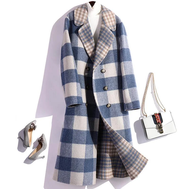 Blue Plaid Woolen Coats Plus Size Clothing Winter Coat Double Breast Fall Coat