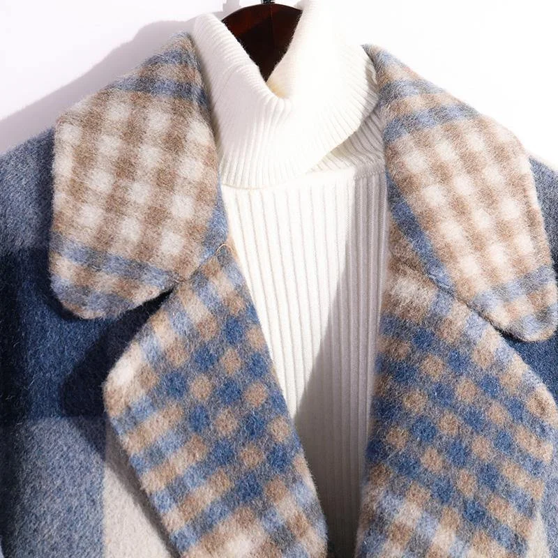 Blue Plaid Woolen Coats Plus Size Clothing Winter Coat Double Breast Fall Coat