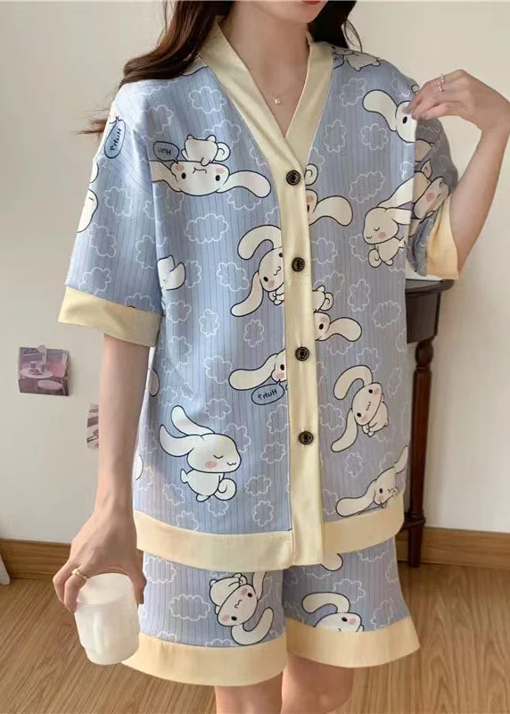 Blue Print Patchwork Cotton Two-Piece Set Pajamas V Neck Summer