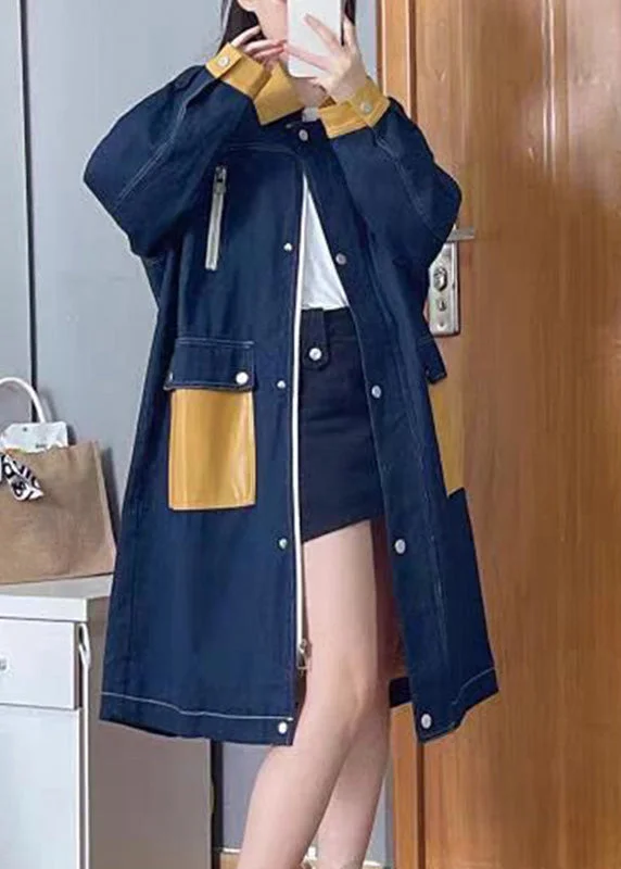 Bohemian Denim Blue Peter Pan Collar Patchwork Zippered Button Linen Long Trench Coats Fall