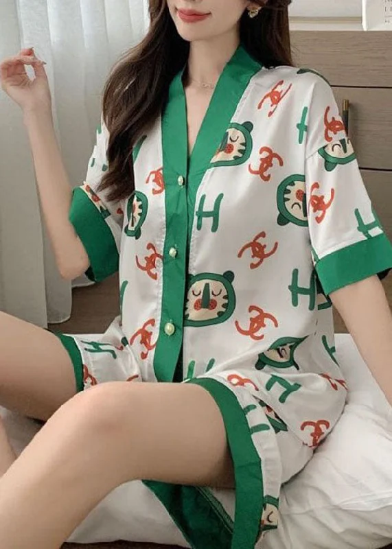 Boho Green V Neck Print Button Ice Silk Pajamas Two Pieces Set Summer