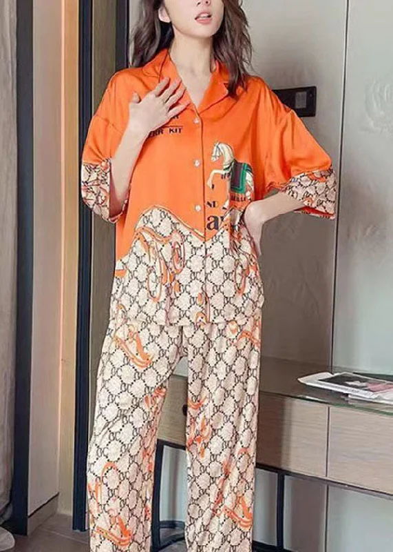 Boutique Orange Peter Pan Collar Print Ice Silk Pajamas Two Piece Set Summer