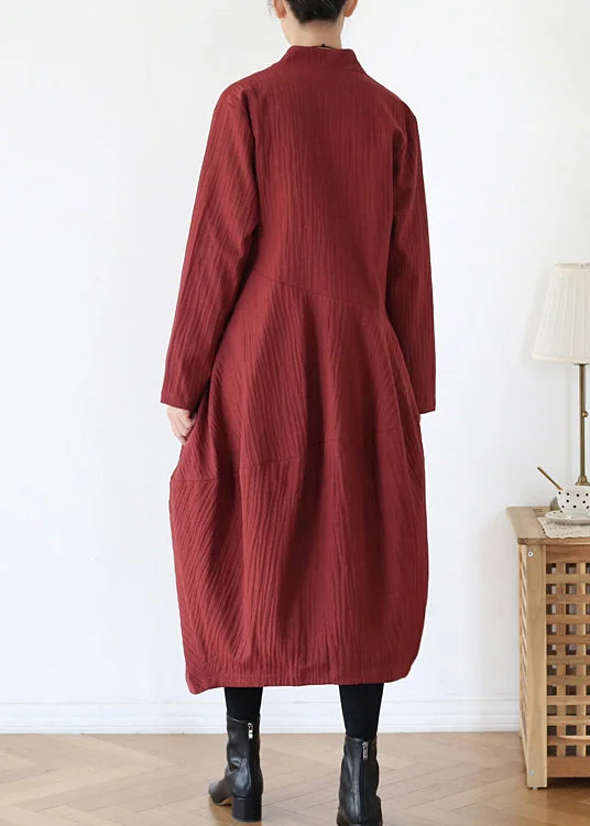 Brick Red V Neck Button Linen Trench Coats Long Sleeve