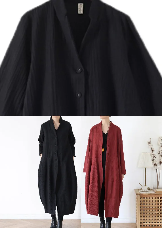 Brick Red V Neck Button Linen Trench Coats Long Sleeve