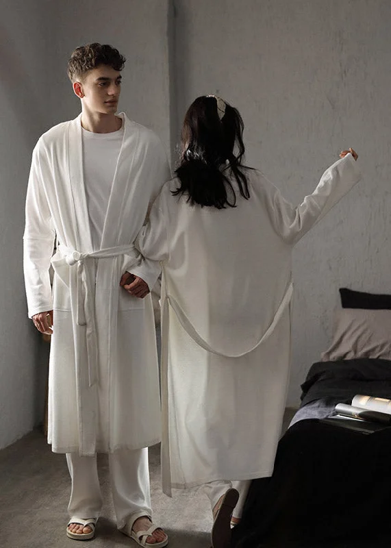 Brief White V Neck Tie Waist Solid Cotton Couple Pajamas Two Piece Set Spring