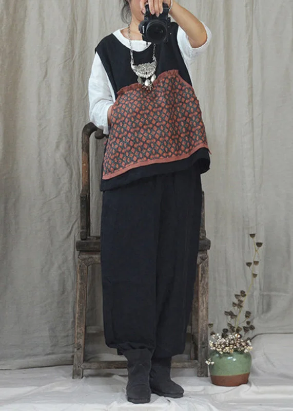 Casual Black O-Neck Print Linen Waistcoat And Pants Two Pieces Set Fall