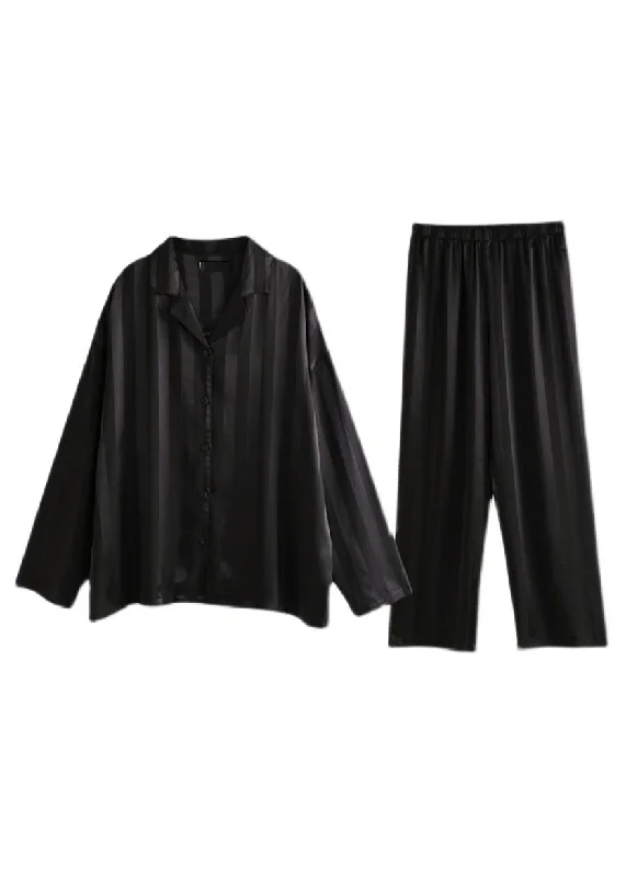 Casual Black Peter Pan Collar Striped Button Ice Silk Pajamas Two Pieces Set Spring