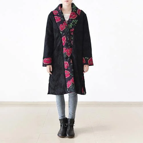 Casual black print parkas overcoat Loose fitting patchwork down jacket women side open coats