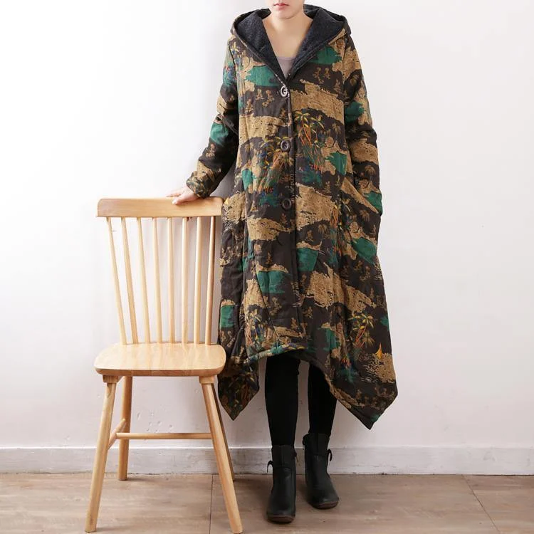 Casual floral cotton coat trendy plus size hooded pockets New asymmetric trench cotton coat