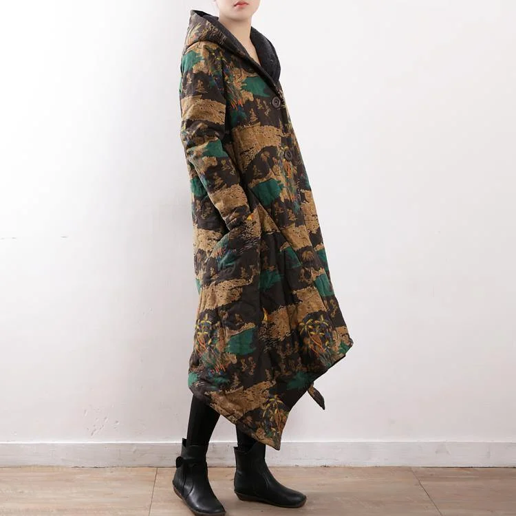 Casual floral cotton coat trendy plus size hooded pockets New asymmetric trench cotton coat