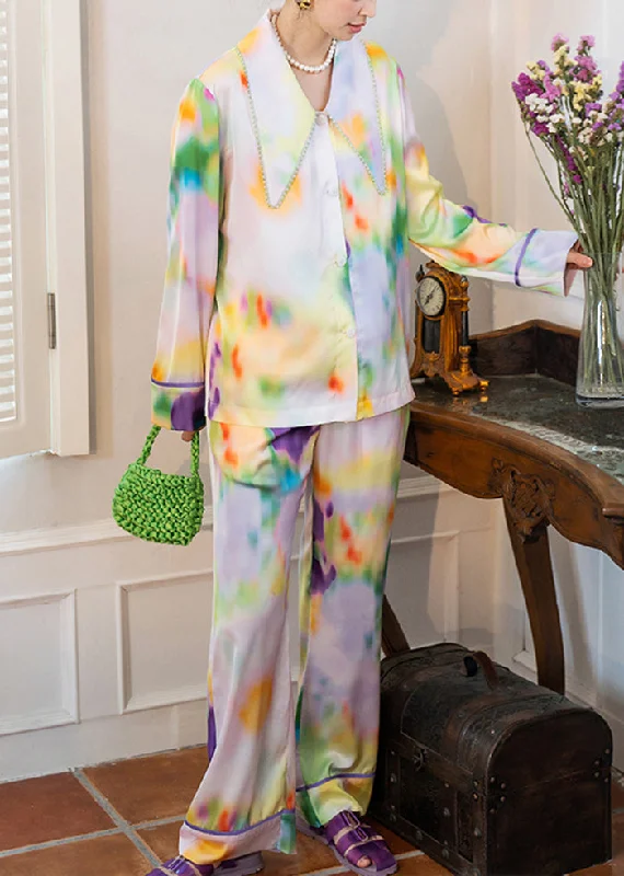 Casual Multicolour Peter Pan Collar Tie Dye Ice Silk Pajamas Two Pieces Set Spring